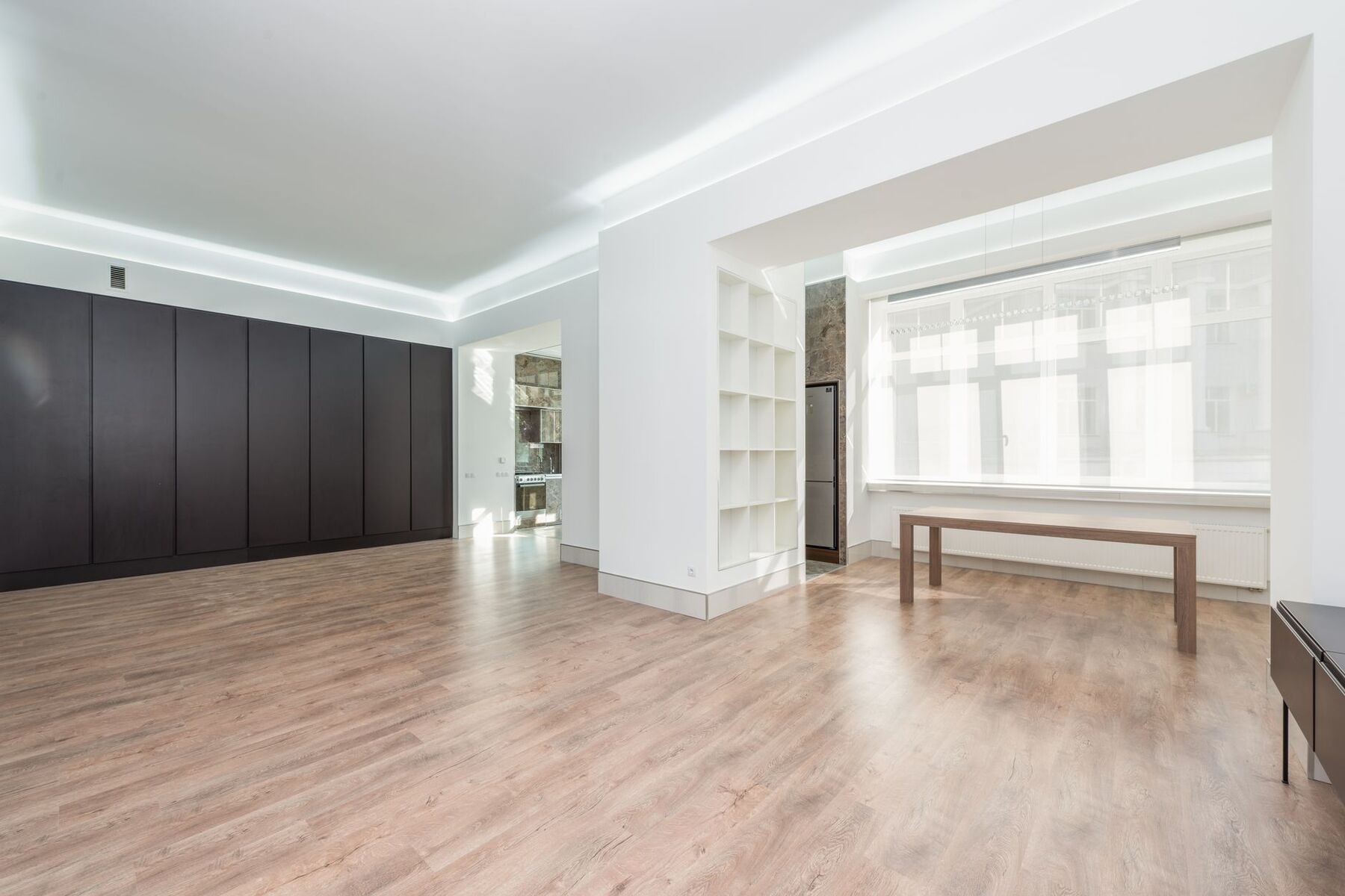 Bright open-plan apartment cleaned and empty